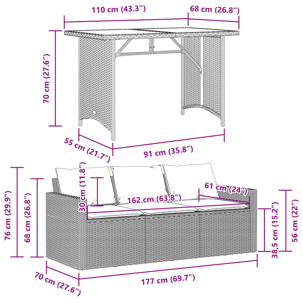 vidaXL Juego de comedor jardín 2 pzas con cojines ratán sintético gris