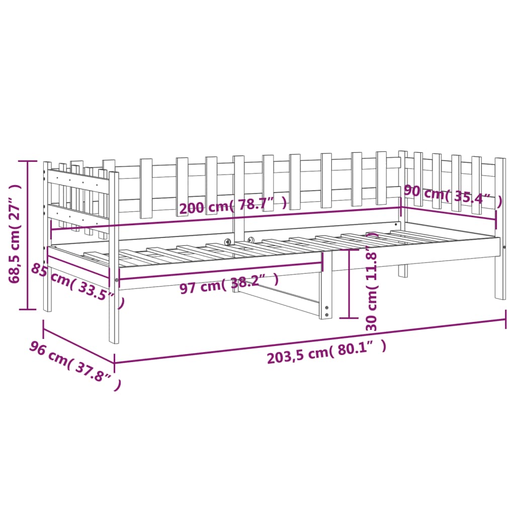 vidaXL Sofá cama madera maciza de pino negro 90x200 cm