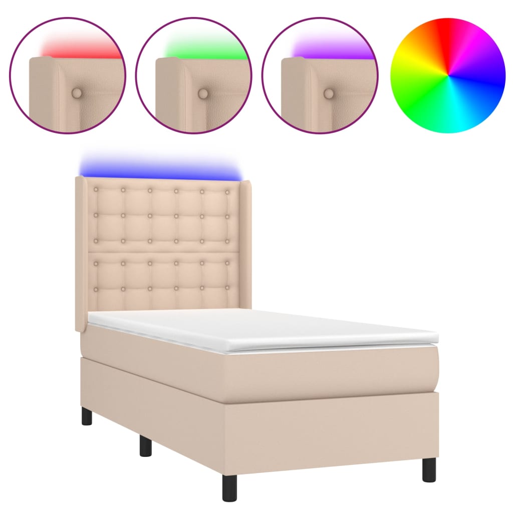 vidaXL Cama box spring colchón LED cuero sintético capuchino 90x200 cm