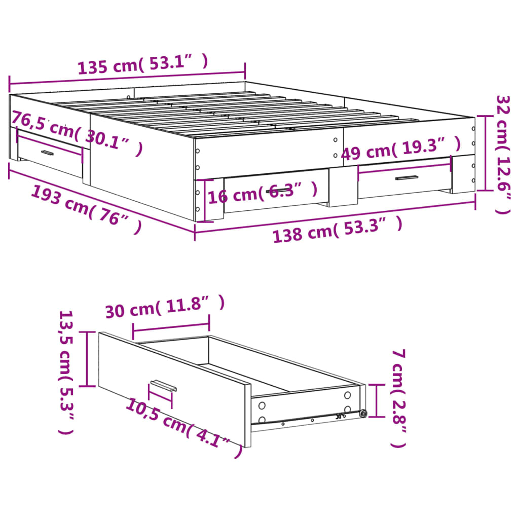 vidaXL Cama con cajones madera de ingeniería negro 135x190 cm