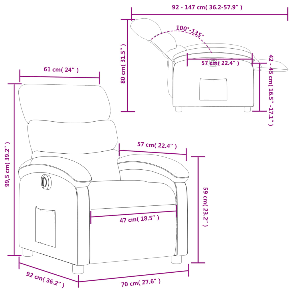 vidaXL Sillón reclinable eléctrico de tela crema