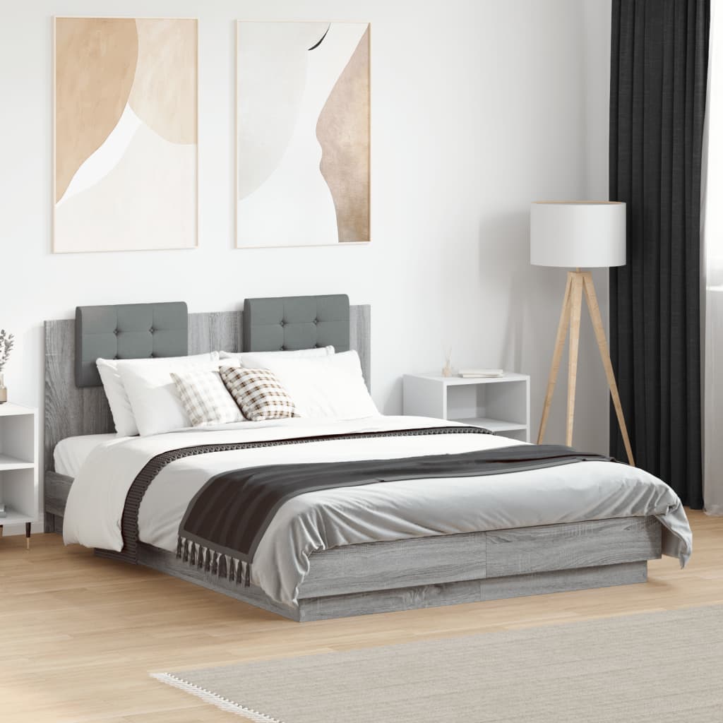 vidaXL Cama con cabecero madera de ingeniería gris Sonoma 135x190 cm