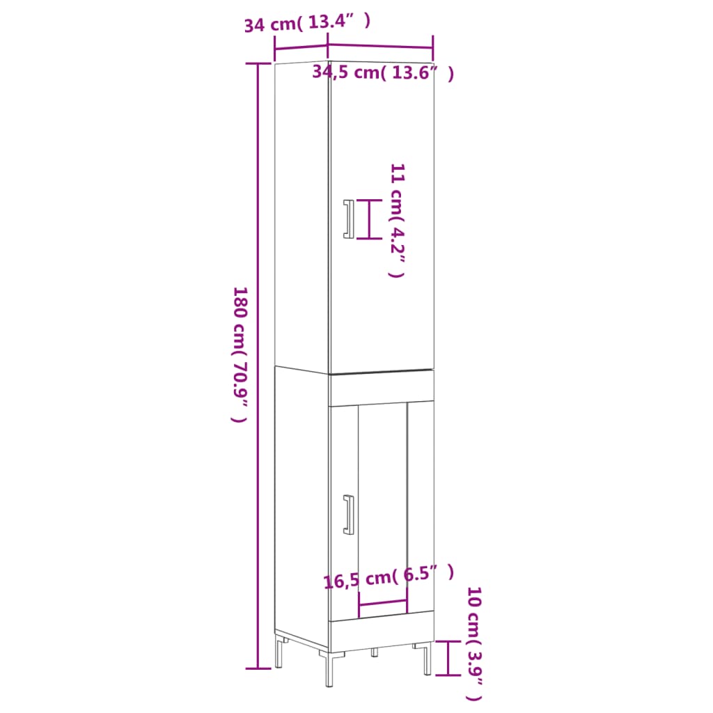 vidaXL Aparador alto madera contrachapada blanco 34,5x34x180 cm