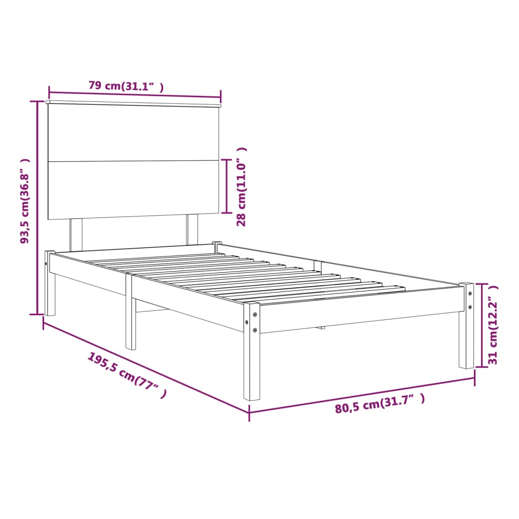 vidaXL Estructura de cama madera maciza marrón miel 75x190 cm