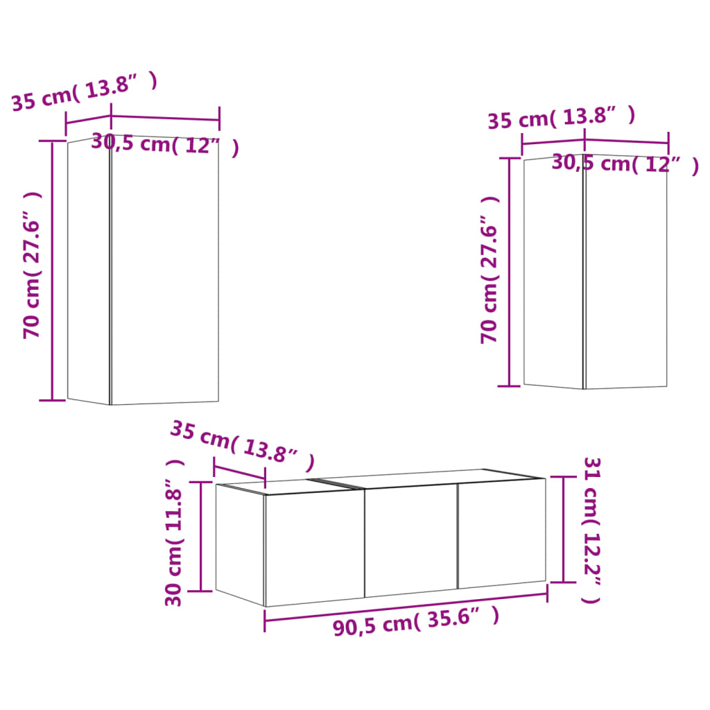 vidaXL Muebles TV pared con LED 4 pzas madera ingeniería gris Sonoma