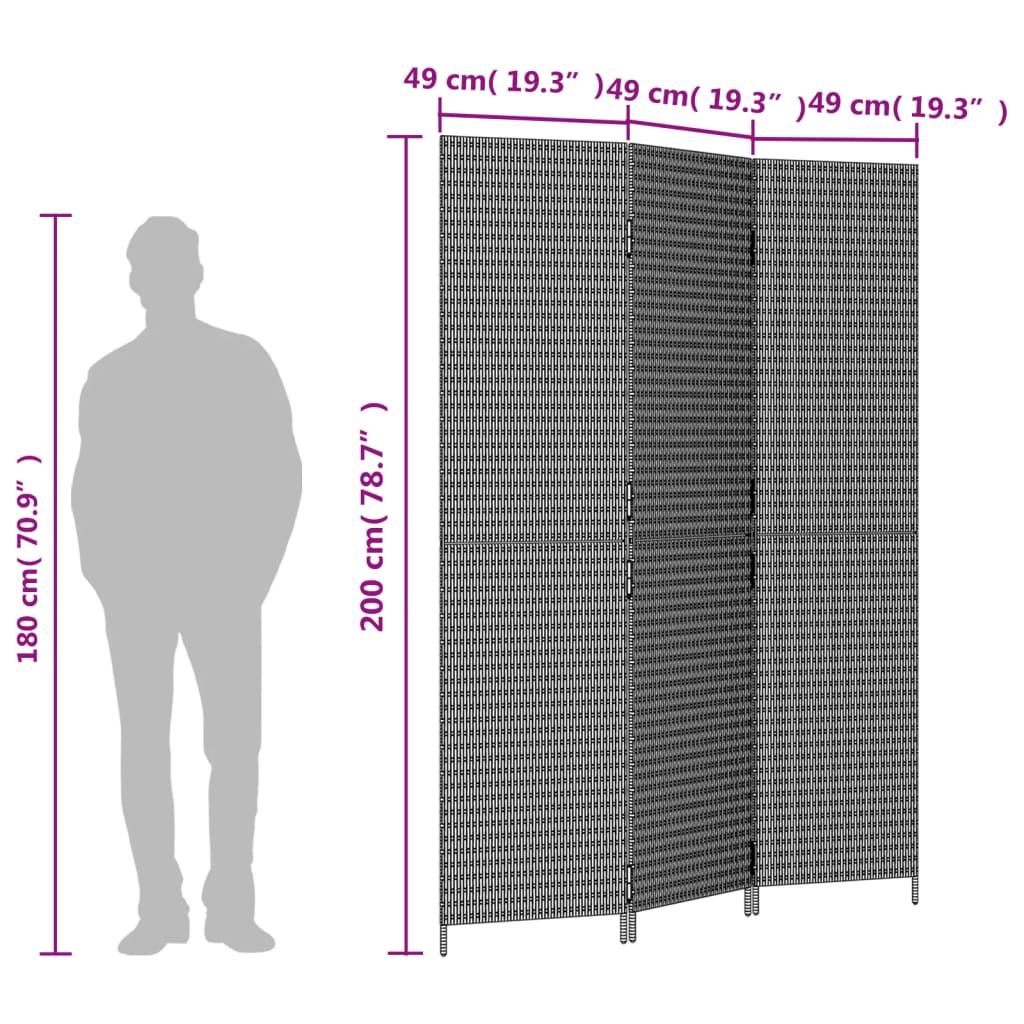 vidaXL Biombo de 3 paneles ratán sintético gris