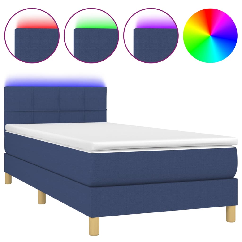 vidaXL Cama box spring con colchón y LED tela azul 90x190 cm