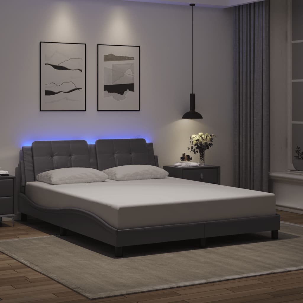 vidaXL Estructura de cama con luces LED cuero PE gris 160x200 cm