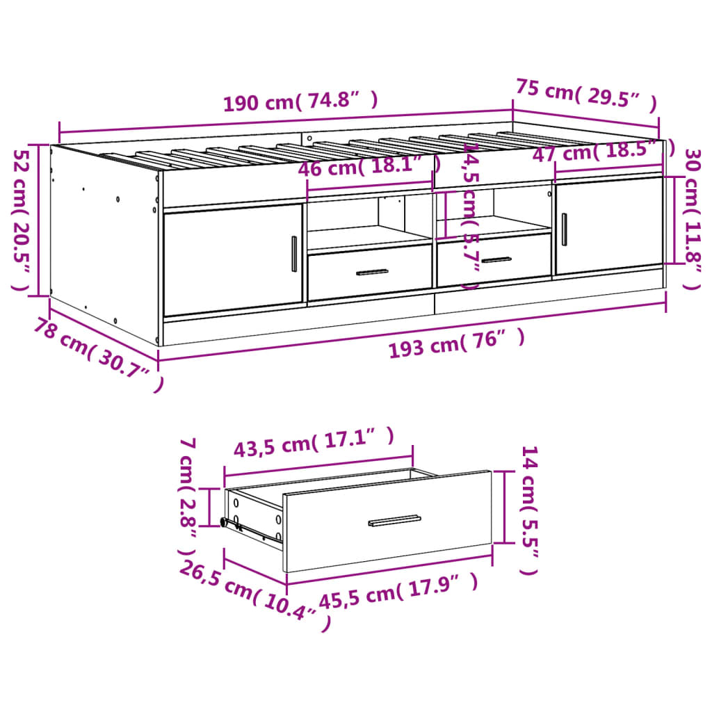 vidaXL Sofá cama con cajones sin colchón roble ahumado 75x190 cm