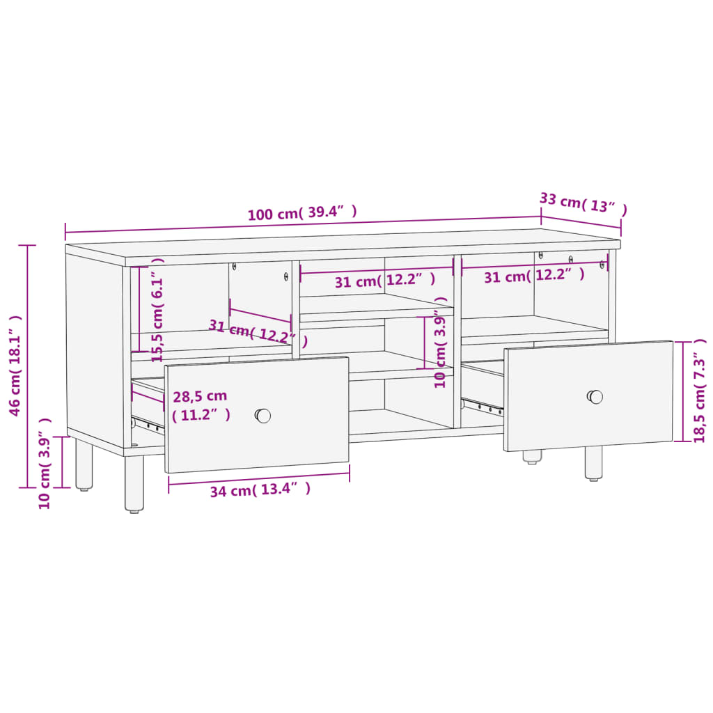 vidaXL Mueble de TV madera maciza de mango negro 100x33x46 cm