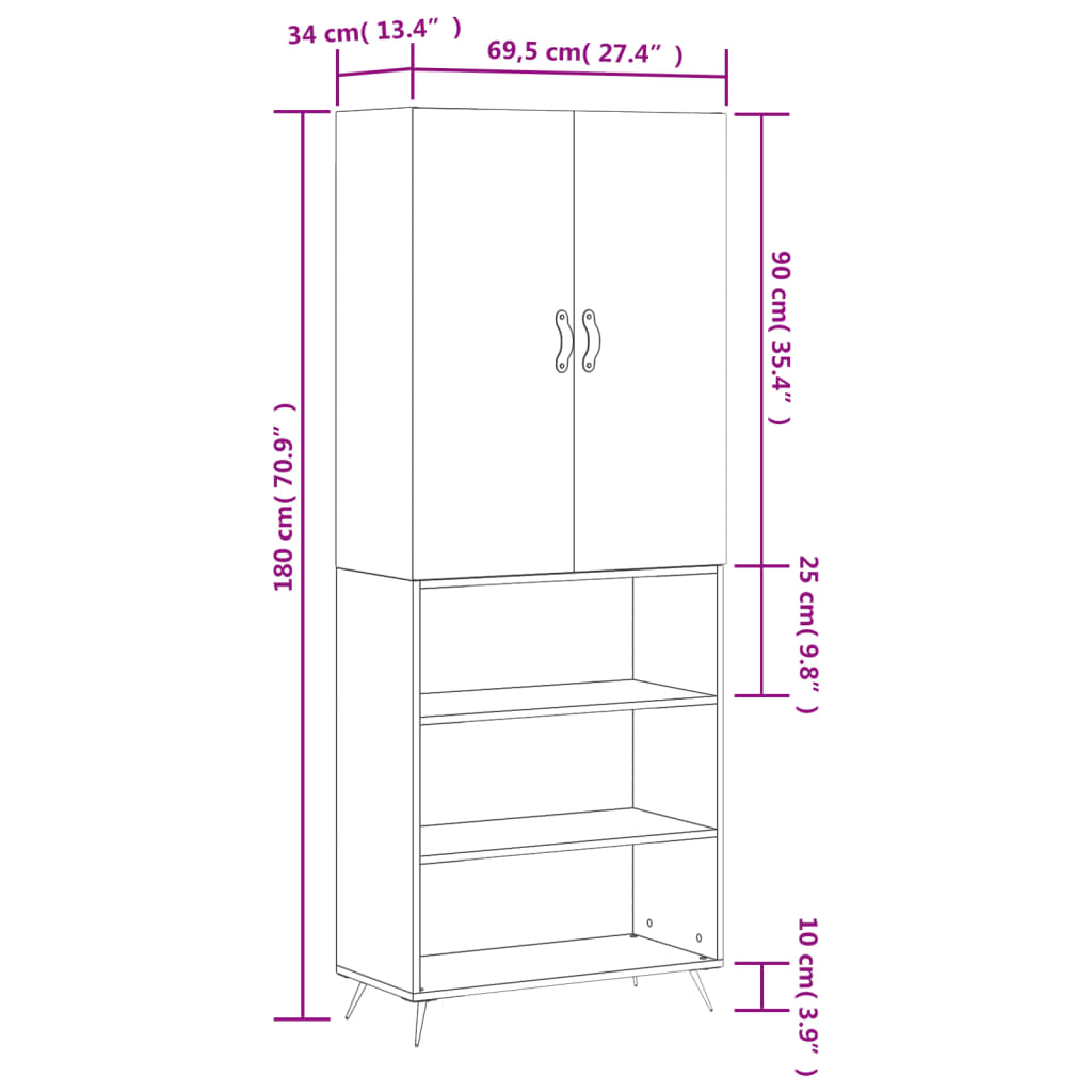 vidaXL Aparador alto madera contrachapada gris hormigón 69,5x34x180 cm