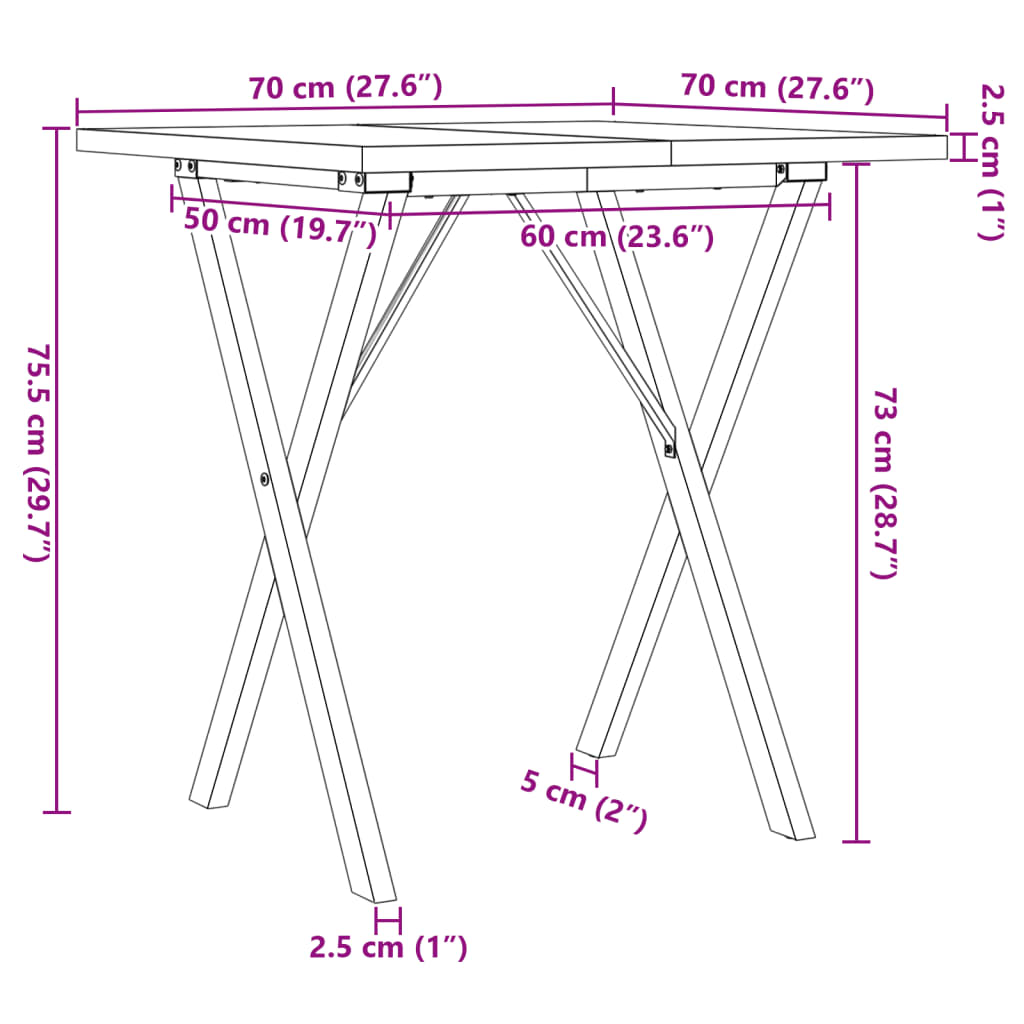 vidaXL Mesa comedor marco X madera maciza pino y hierro 70x70x75,5 cm