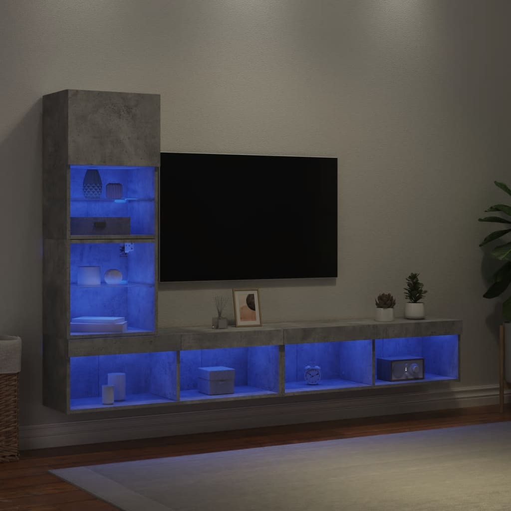 vidaXL Muebles TV pared con LED 4 pzas madera ingeniería gris hormigón