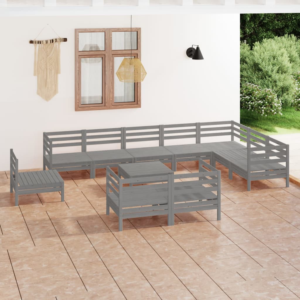 vidaXL Juego de muebles de jardín 11 piezas madera maciza de pino gris