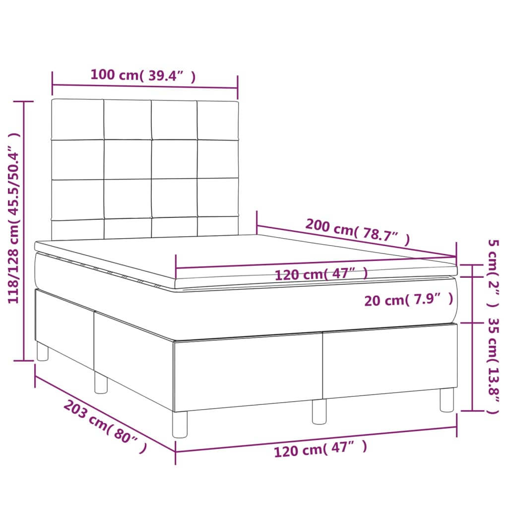 vidaXL Cama box spring colchón y LED terciopelo rosa 120x200 cm