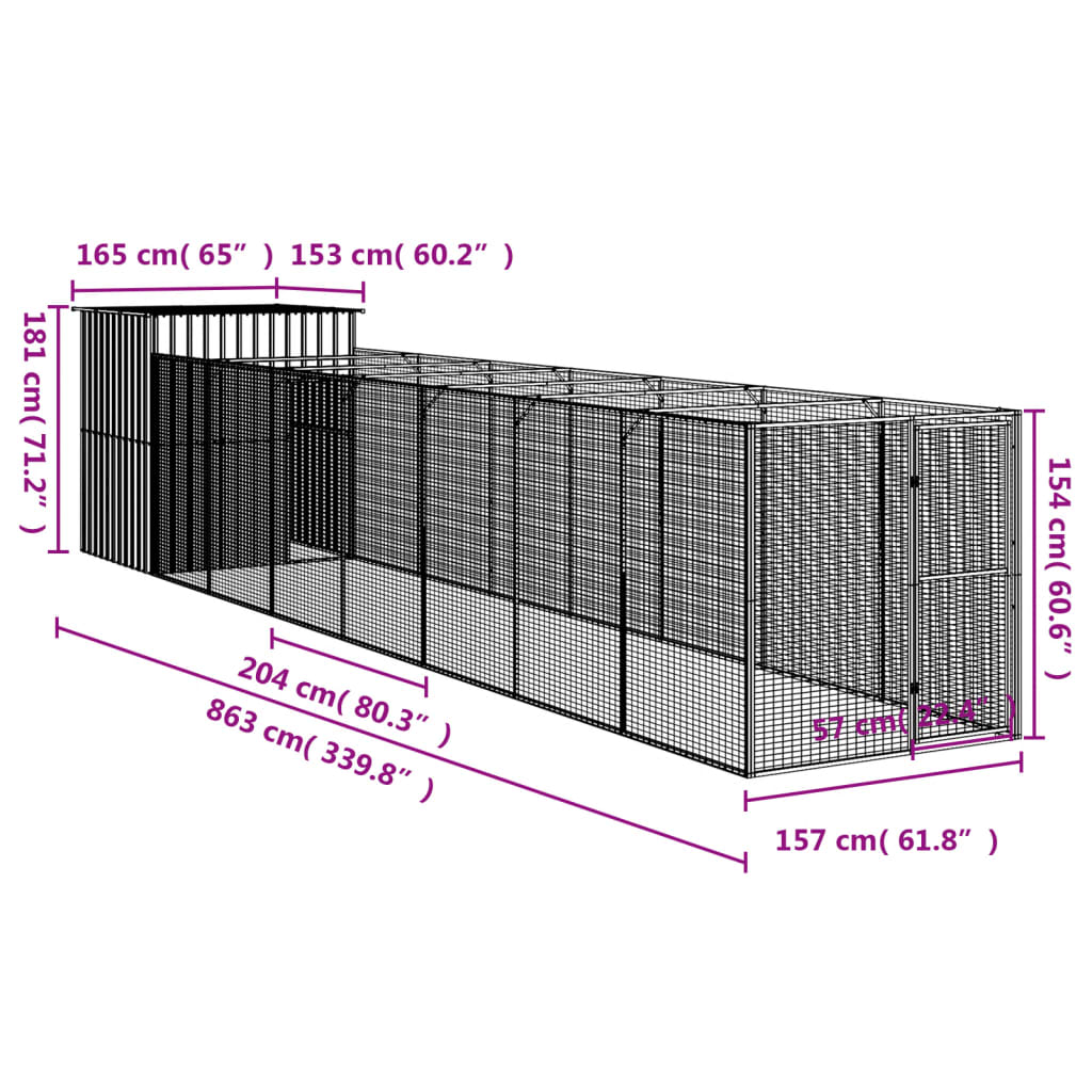 vidaXL Caseta perros corral acero galvanizado gris claro 165x863x181cm