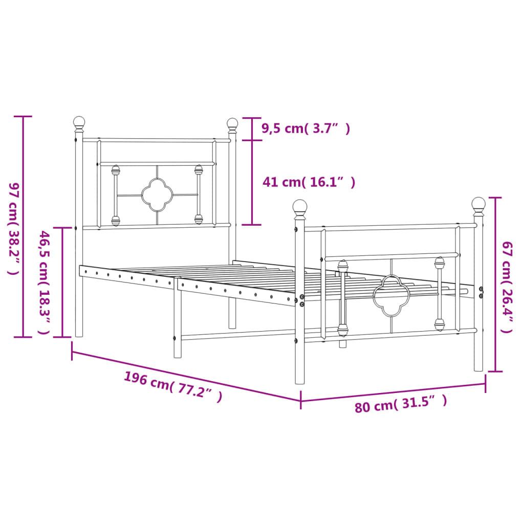 vidaXL Estructura de cama con cabecero y estribo metal negro 75x190 cm