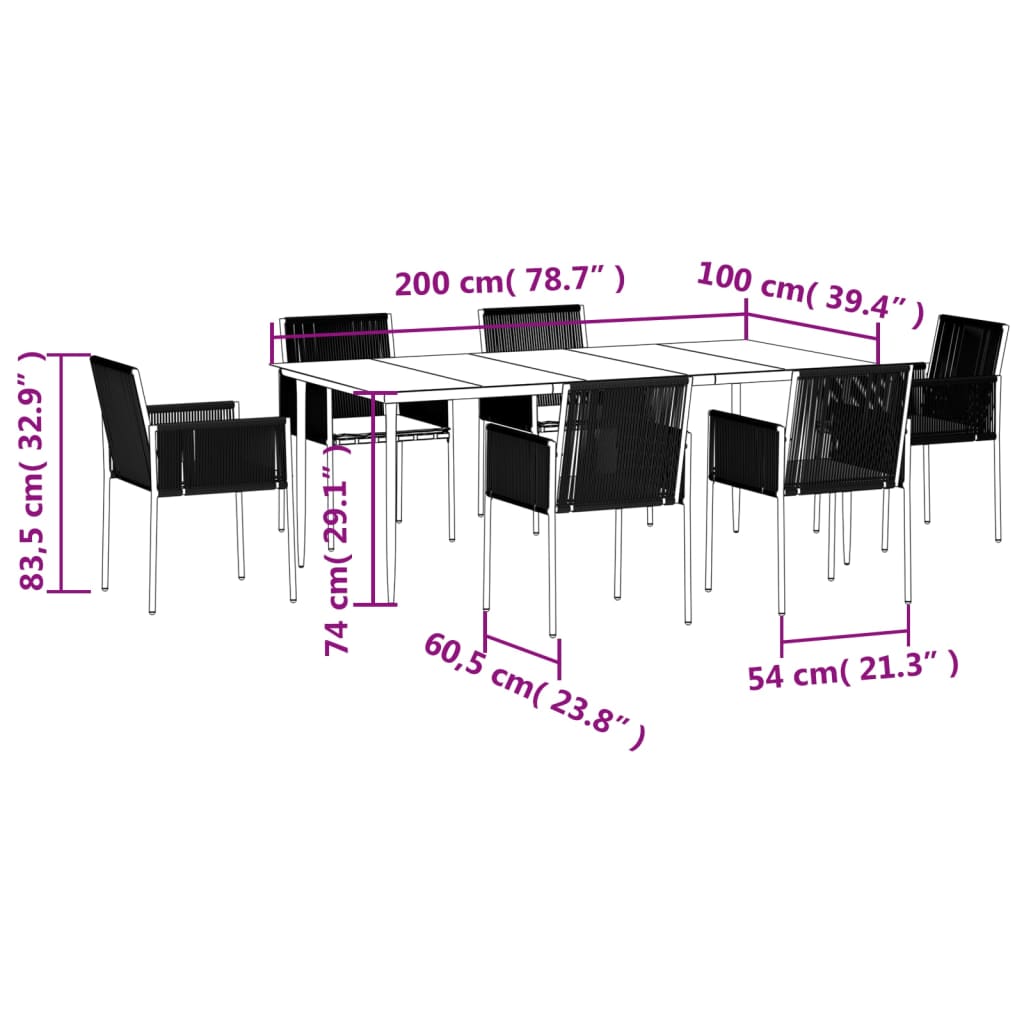 vidaXL Set comedor jardín 7 pzas y cojines acero ratán sintético negro