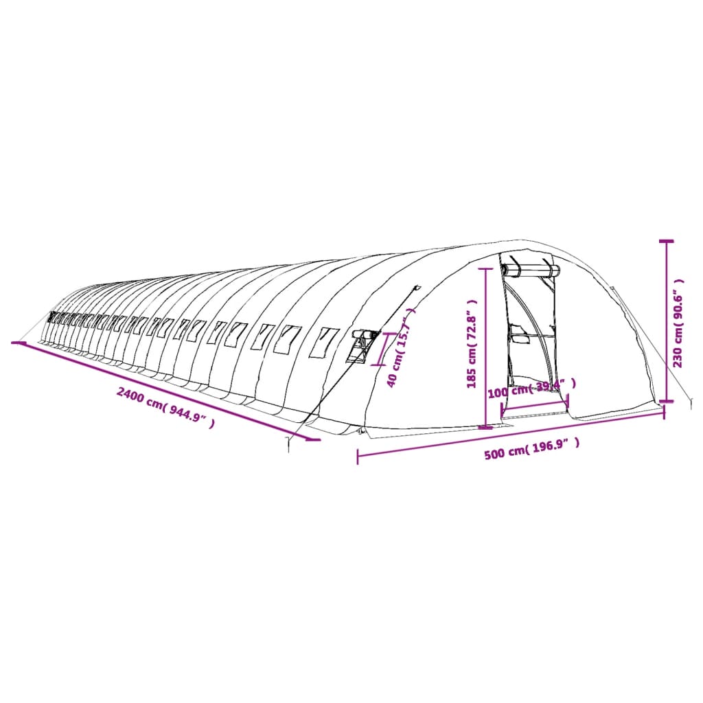 vidaXL Invernadero con estructura de acero verde 120 m² 24x5x2,3 m