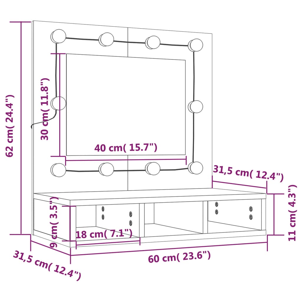 vidaXL Mueble con espejo y LED marrón roble 60x31,5x62 cm