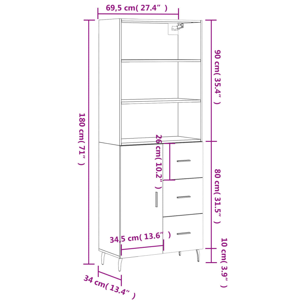 vidaXL Aparador alto madera contrachapada roble ahumado 69,5x34x180 cm