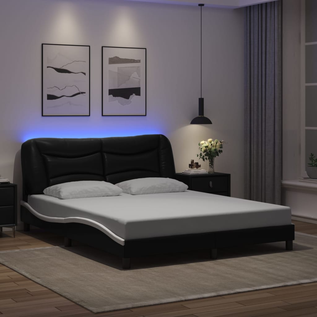 vidaXL Estructura de cama con luz LED cuero PE negro blanco 160x200 cm