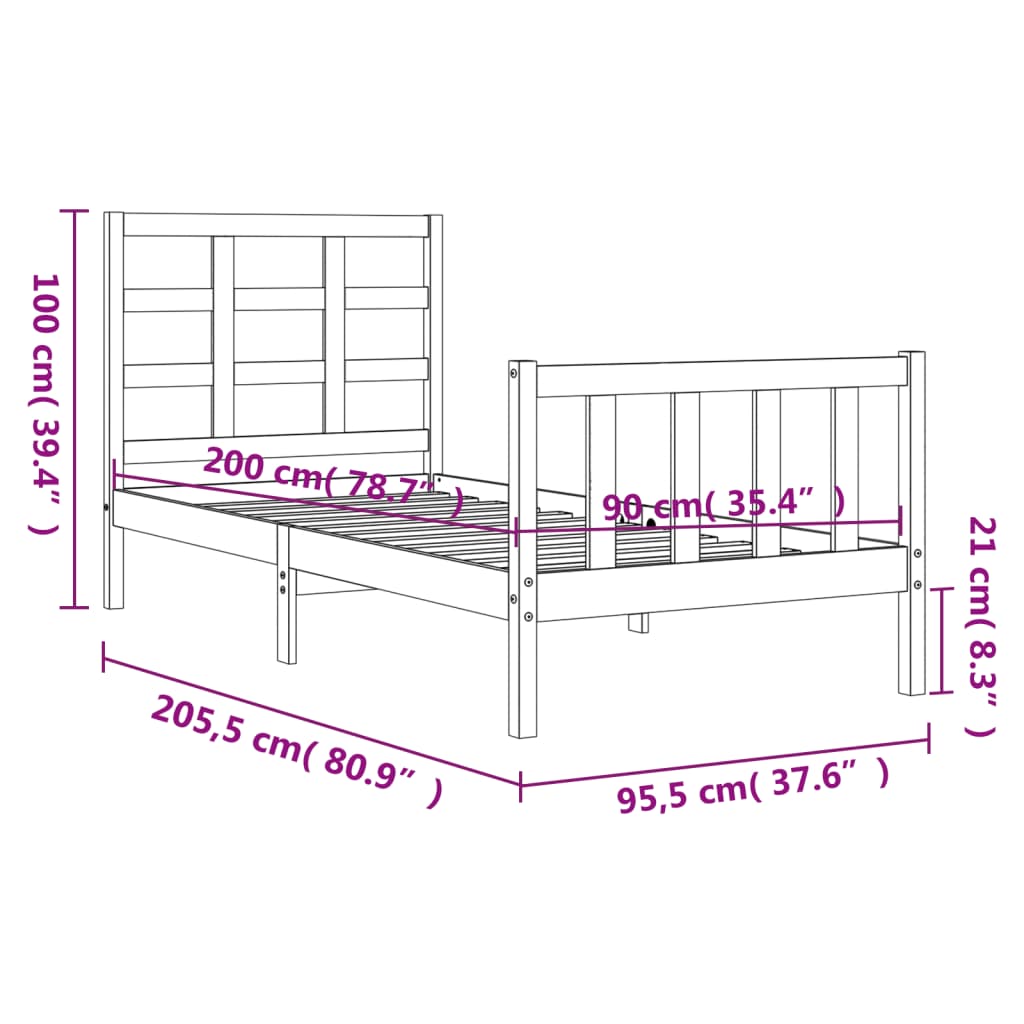 vidaXL Estructura de cama con cabecero madera maciza 90x200 cm