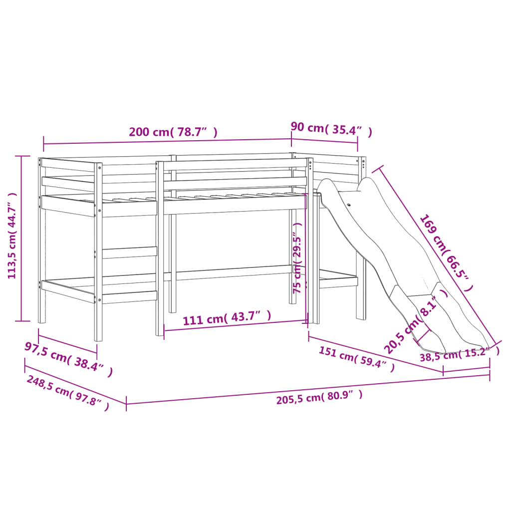 vidaXL Cama alta para niños con cortinas madera pino rosa 90x200 cm