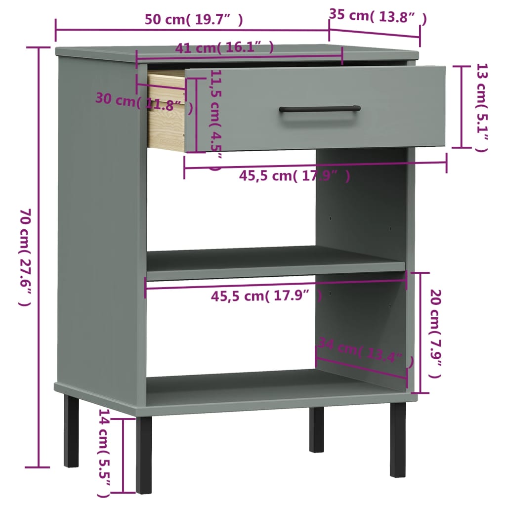 vidaXL Armario consola patas de metal madera maciza pino gris OSLO