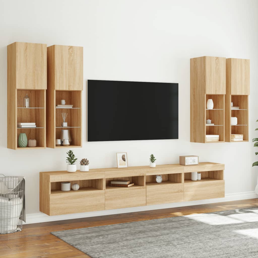 vidaXL Muebles de TV de pared con luces LED 7 piezas roble sonoma