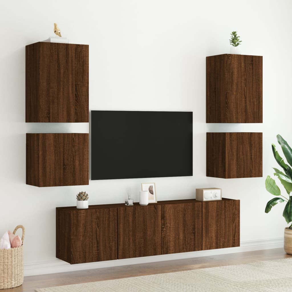 vidaXL Muebles de TV de pared 6 pzas madera de ingeniería marrón roble