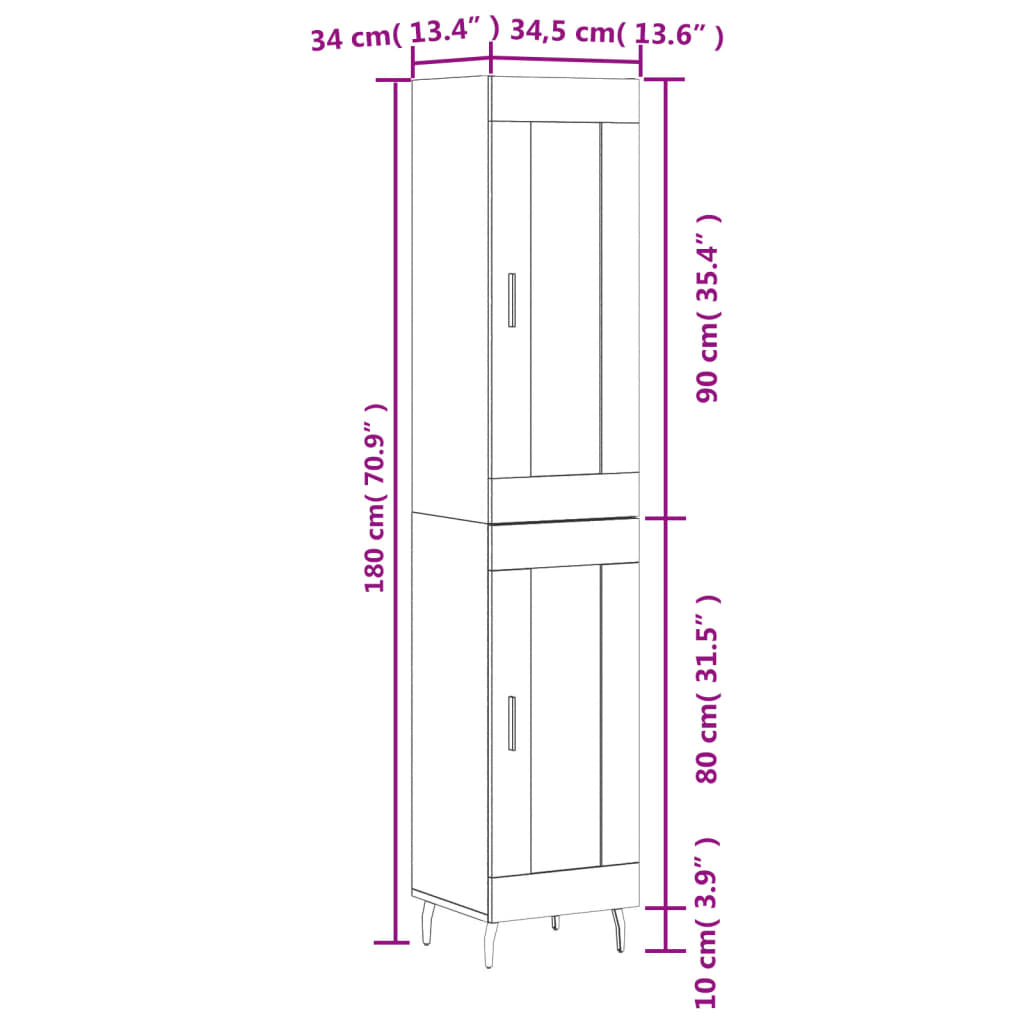 vidaXL Aparador alto madera contrachapada gris Sonoma 34,5x34x180 cm