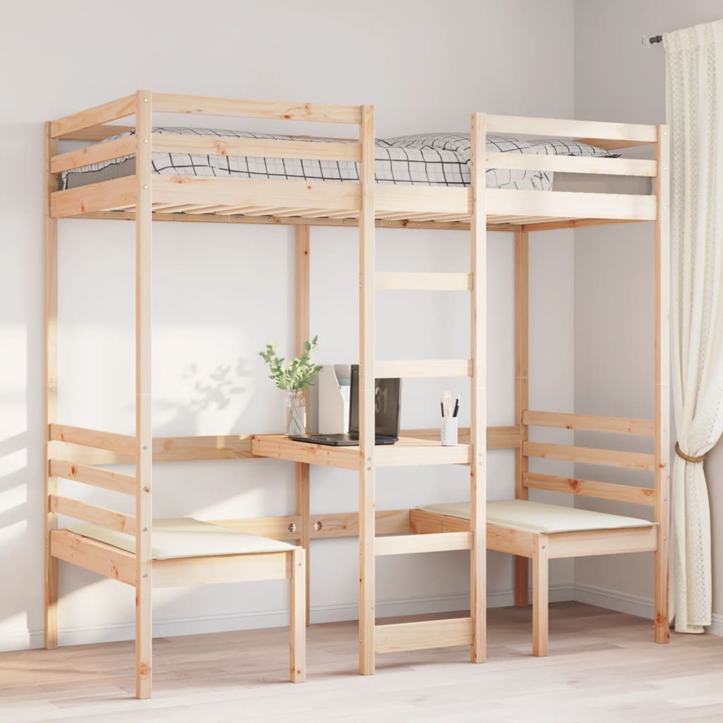 vidaXL Cama alta con escritorio y asientos madera maciza 75x190 cm