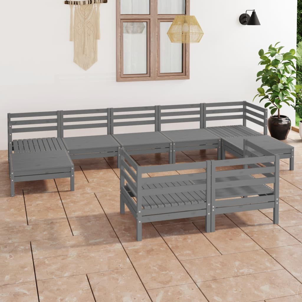 vidaXL Juego de muebles de jardín 9 piezas madera maciza de pino gris