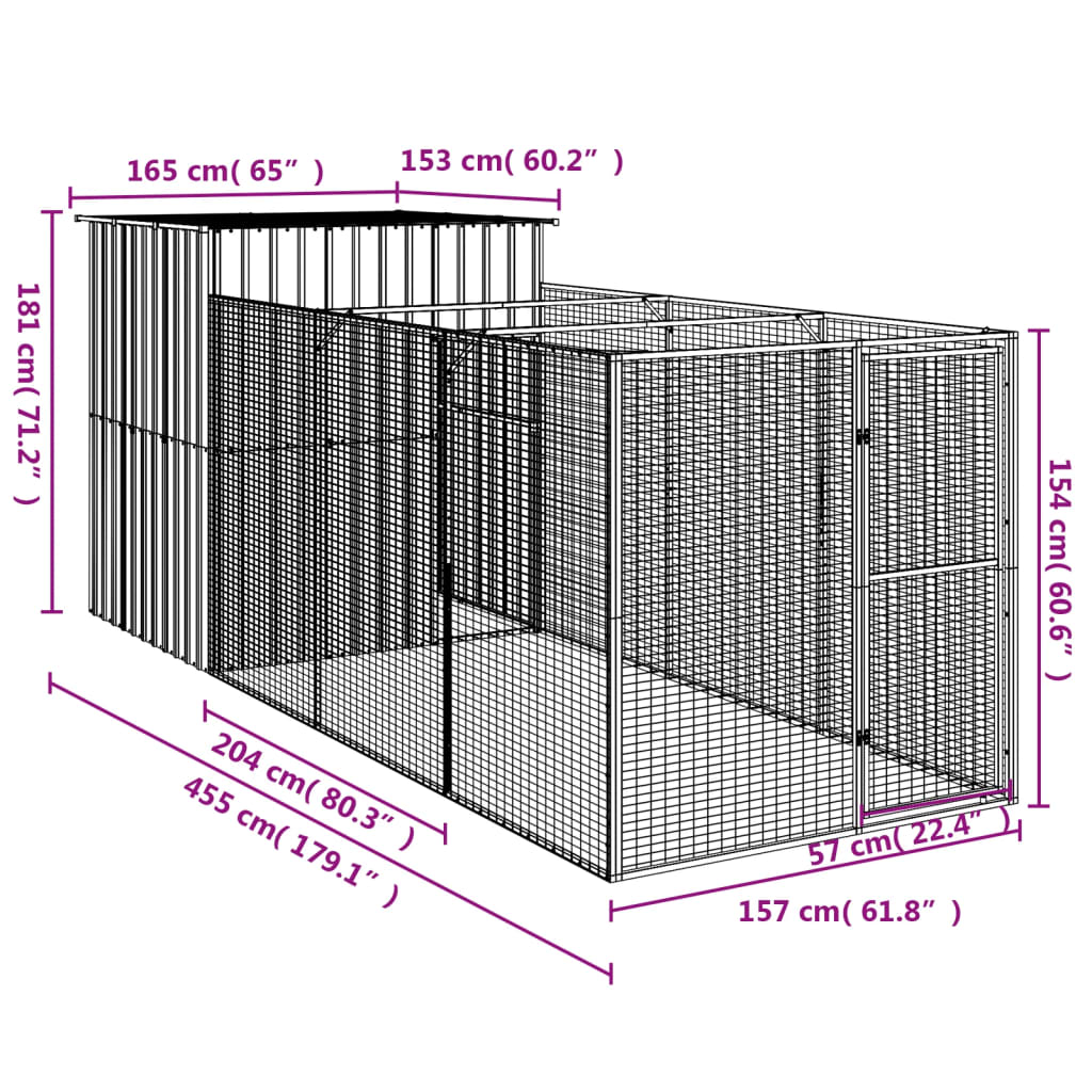 vidaXL Caseta perros corral acero galvanizado gris claro 165x455x181cm