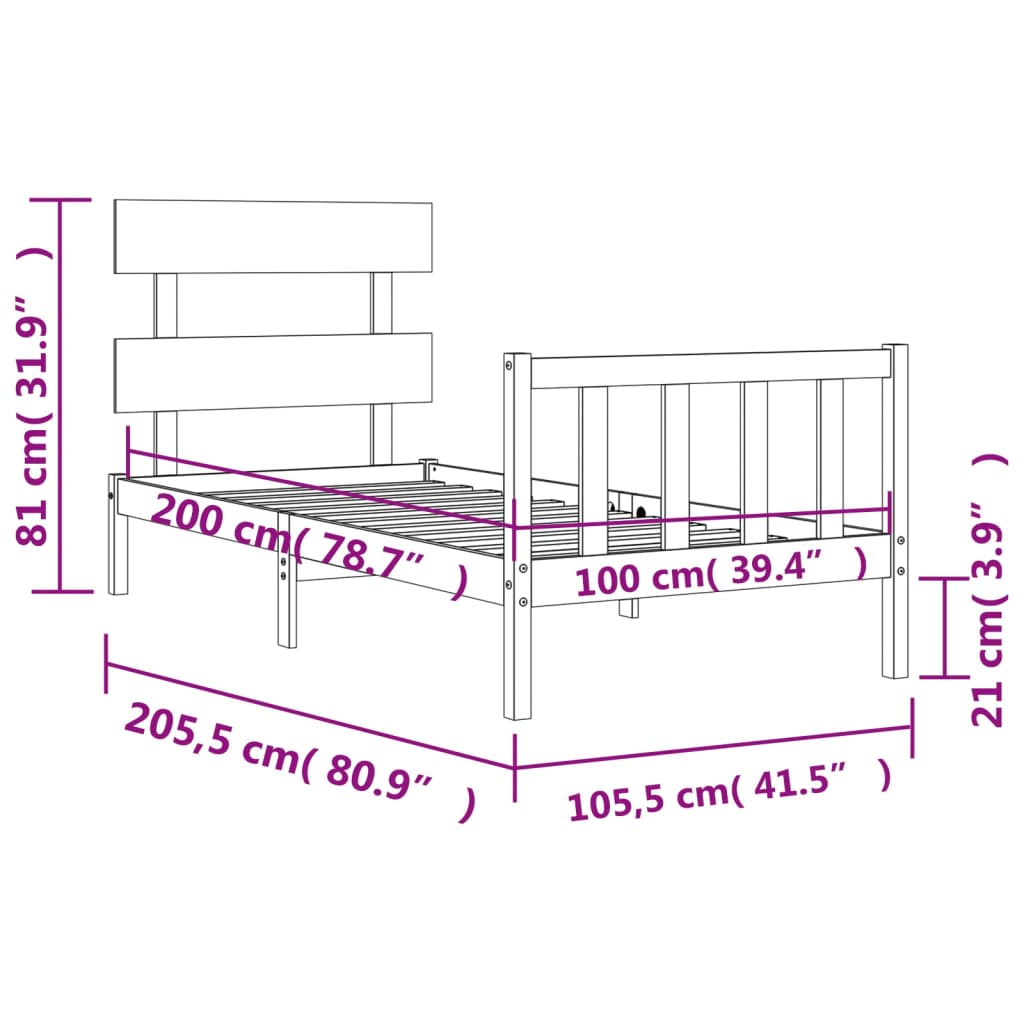 vidaXL Estructura de cama con cabecero madera maciza 100x200 cm