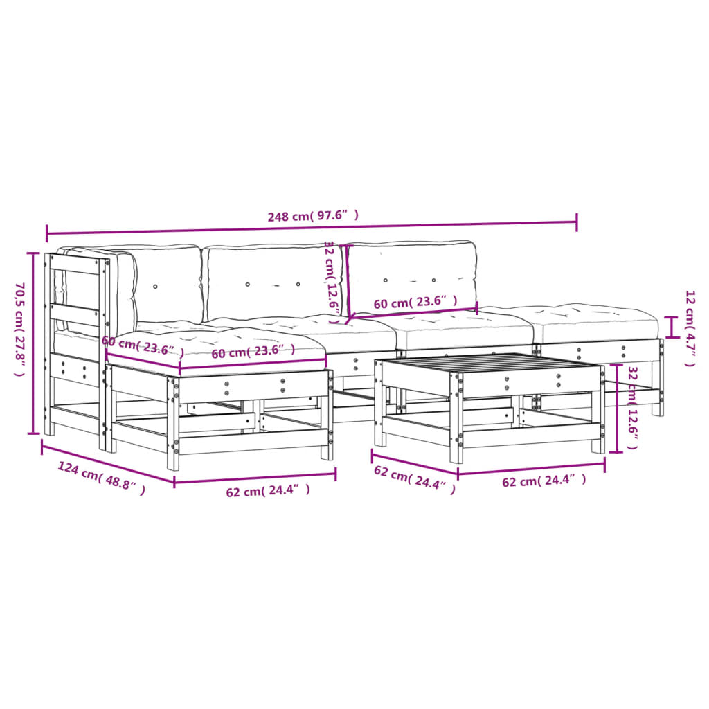 vidaXL Juego de muebles de jardín 6 pzas y cojines madera maciza gris