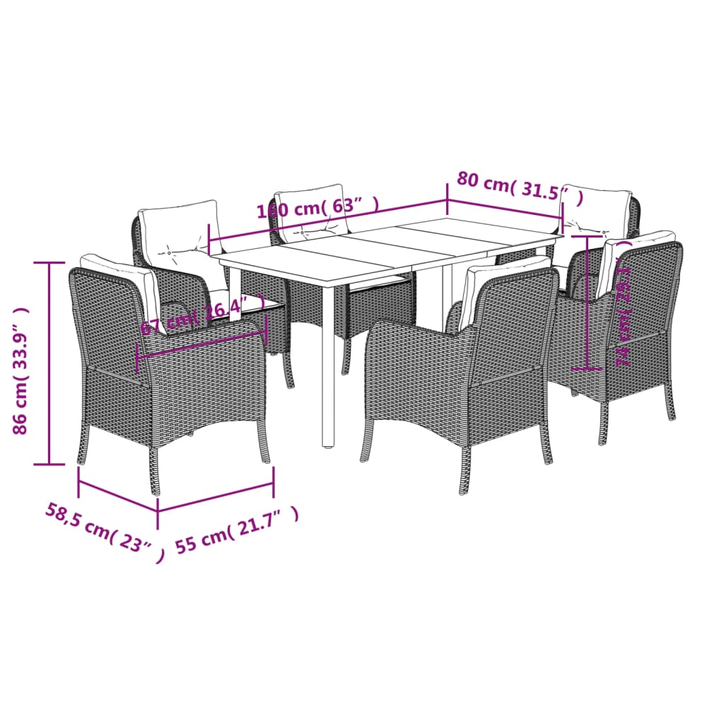 vidaXL Set de comedor de jardín 7 pzas y cojines ratán sintético negro