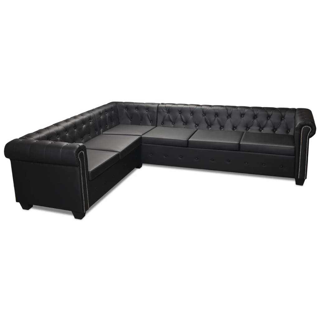 vidaXL Sofá de esquina Chesterfield 6 plazas cuero artificial negro