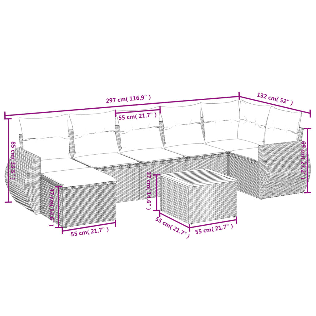 vidaXL Set de sofás de jardín 8 pzas y cojines ratán sintético gris