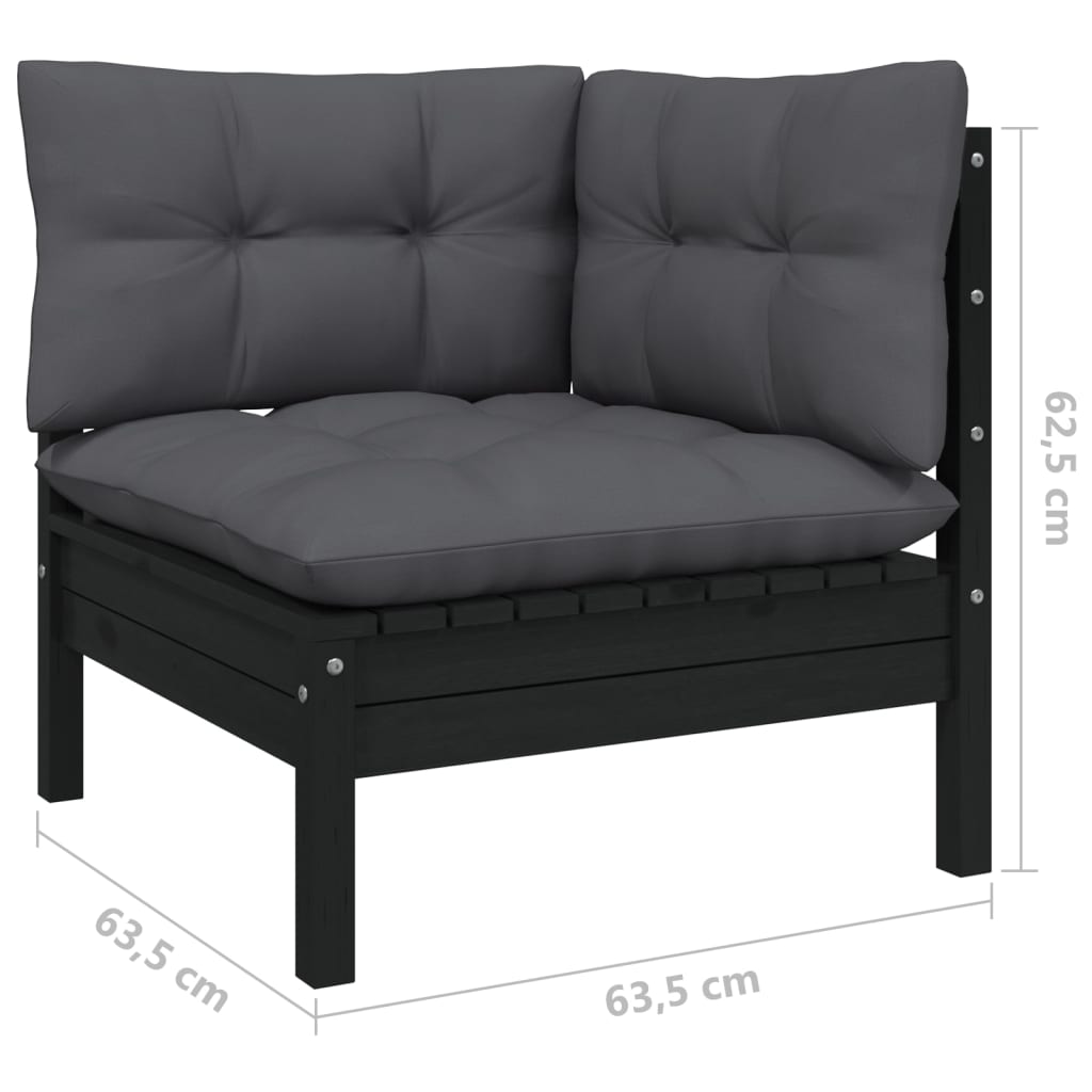 vidaXL Muebles de jardín 11 pzas y cojines negro madera maciza de pino