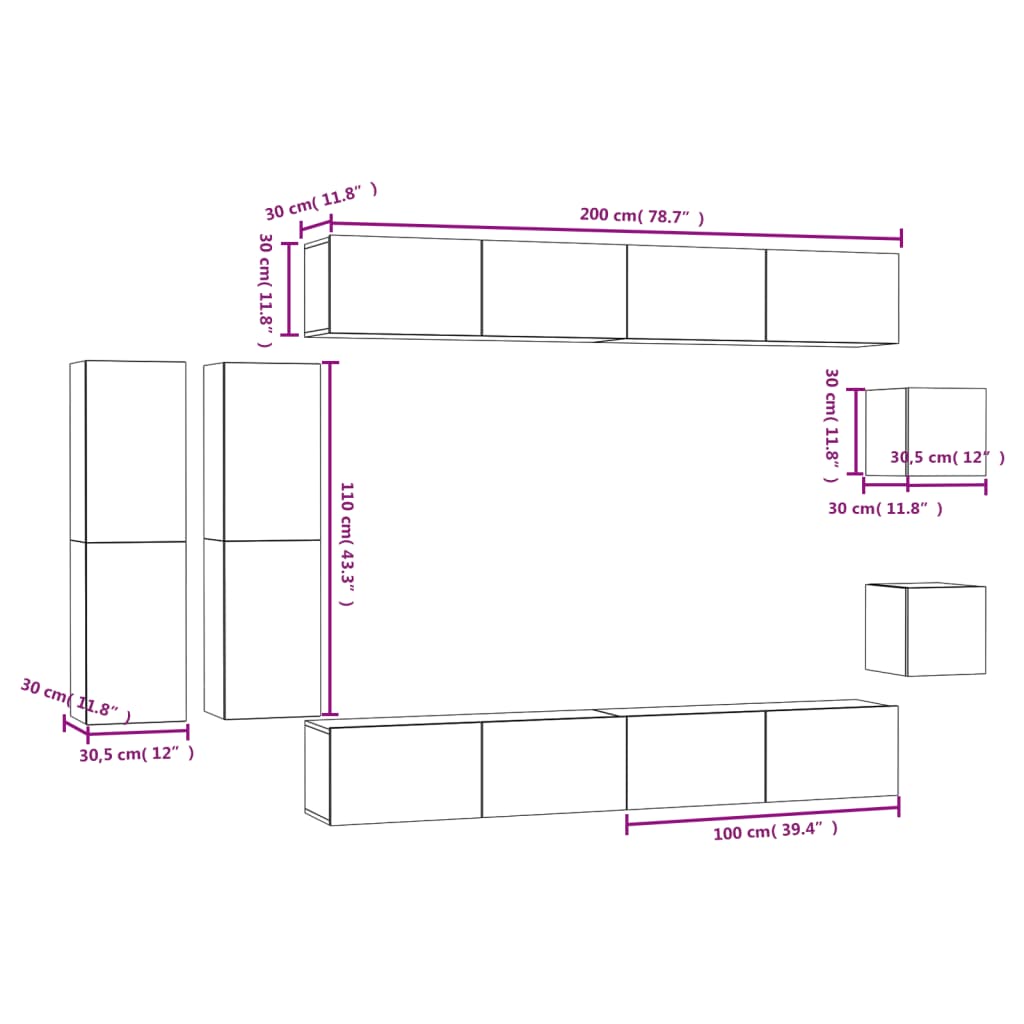 vidaXL Set de muebles de TV 8 pzas madera contrachapada gris hormigón