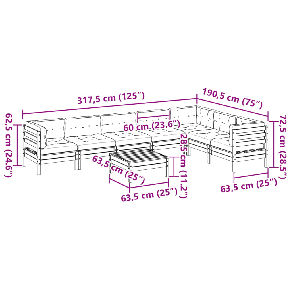 vidaXL Set de sofás jardín 8 pzas con cojines madera pino marrón cera