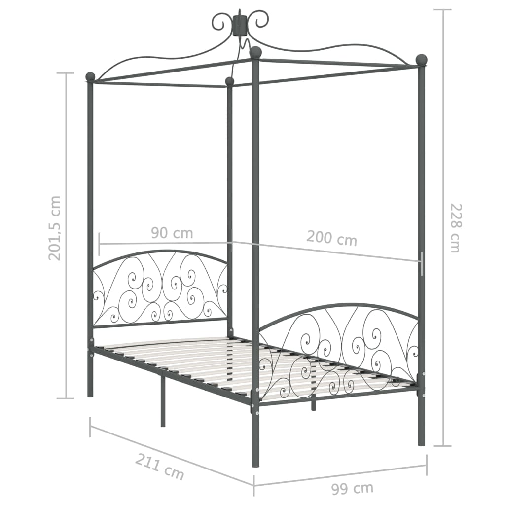 vidaXL Estructura cama con dosel sin colchón metal gris 90x200 cm