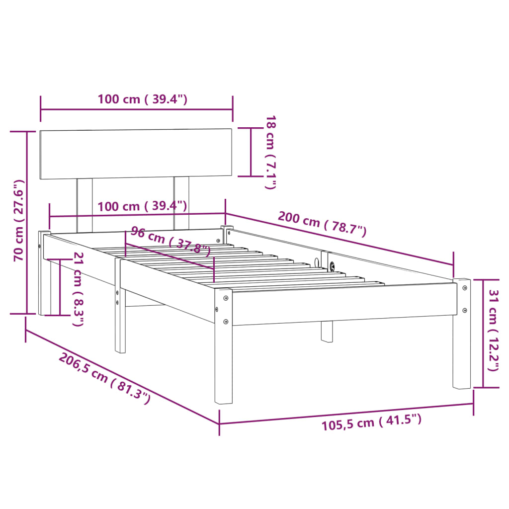 vidaXL Estructura de cama madera maciza de pino negro 100x200 cm