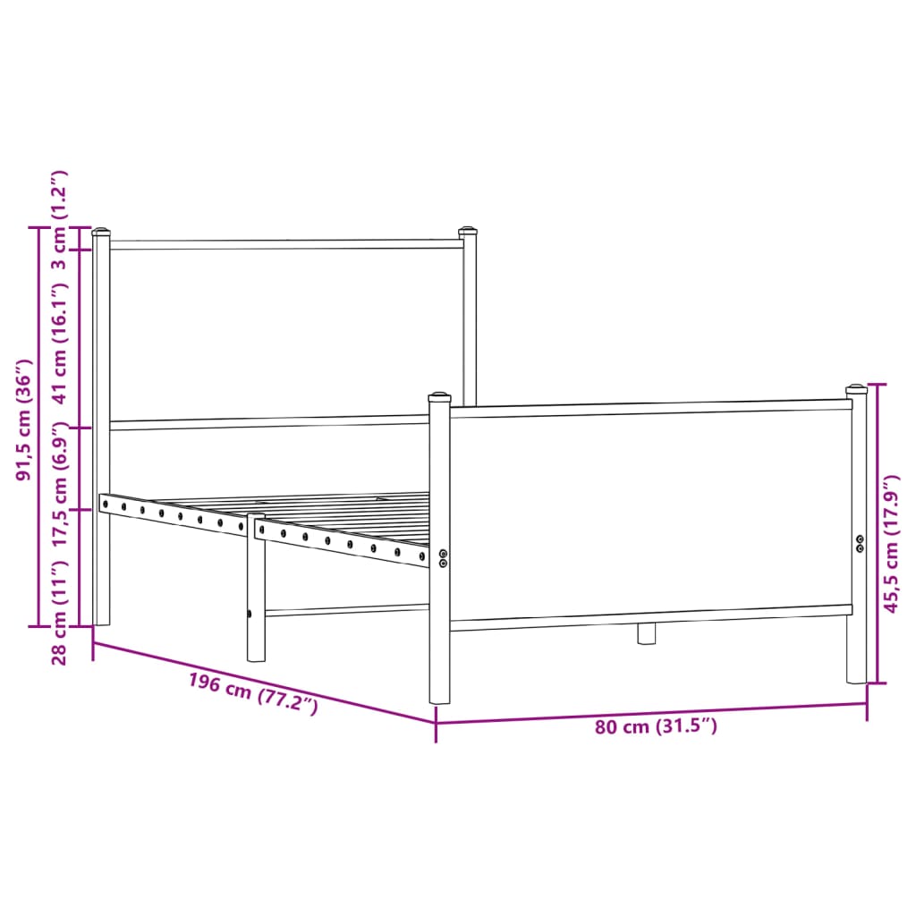 vidaXL Estructura de cama sin colchón metal roble ahumado 75x190 cm