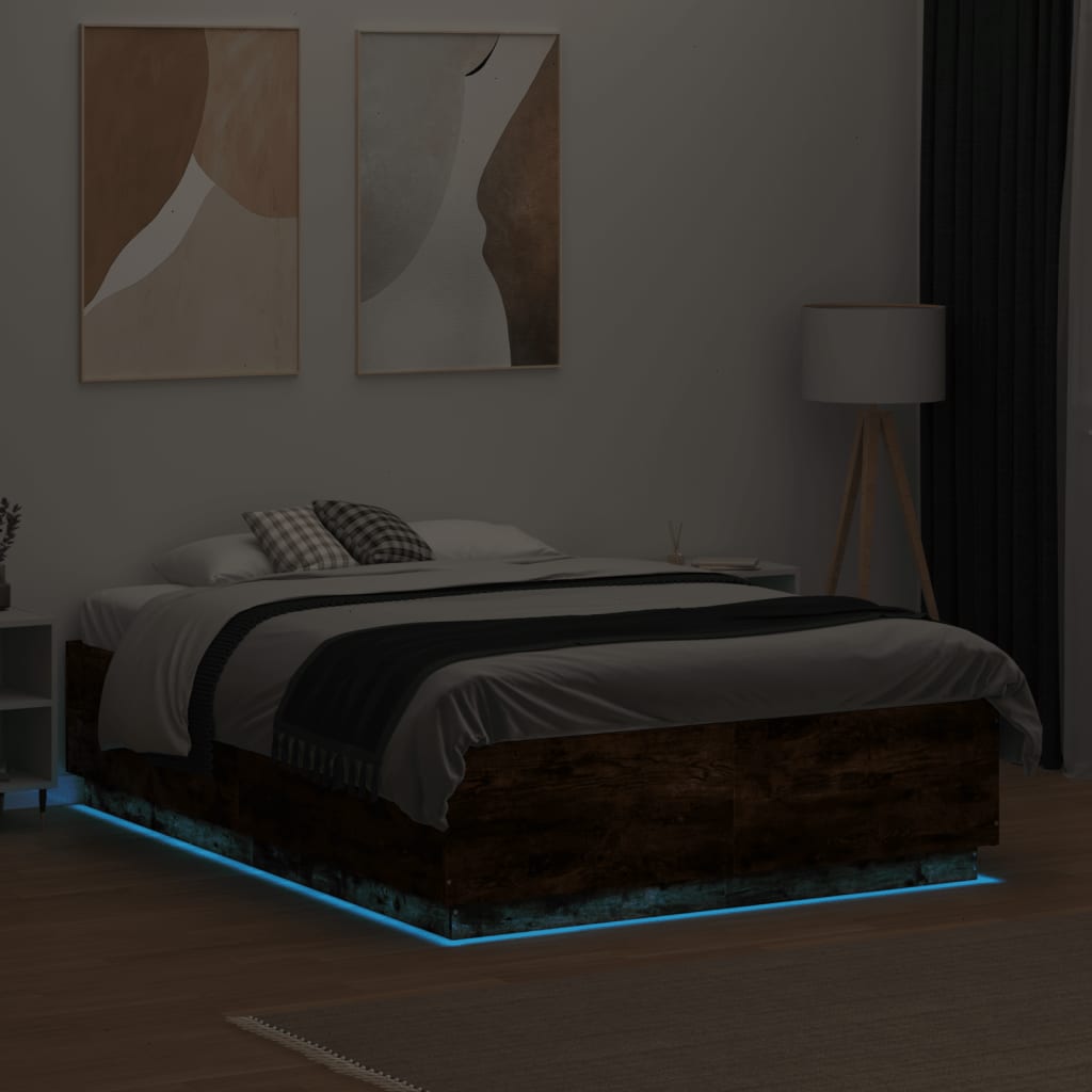 vidaXL Estructura cama con luces LED madera roble ahumado 135x190 cm