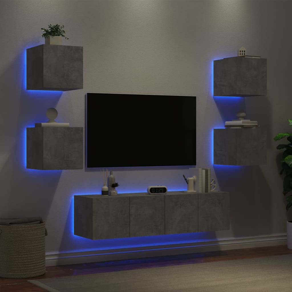 vidaXL Muebles TV pared con LED 6 pzas madera ingeniería gris hormigón