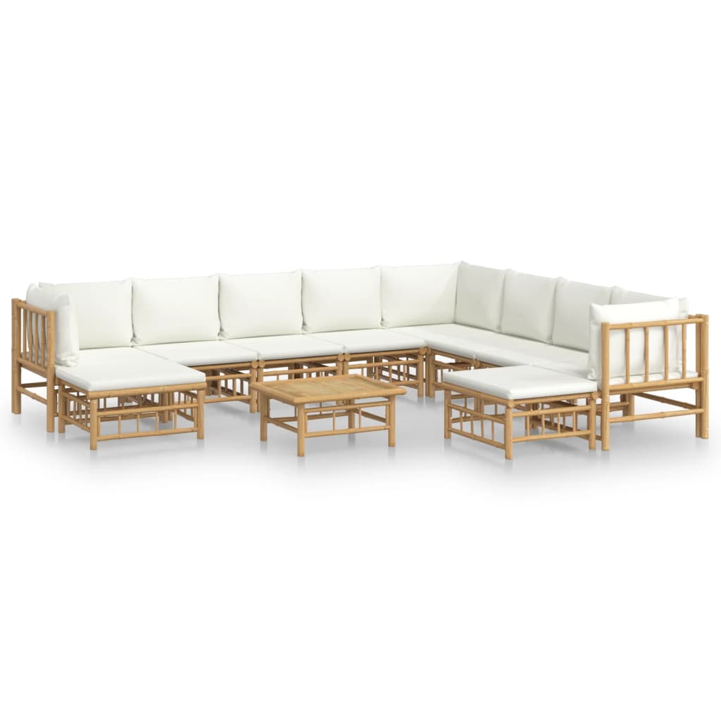 vidaXL Set de muebles de jardín 11 piezas bambú y cojines blanco crema