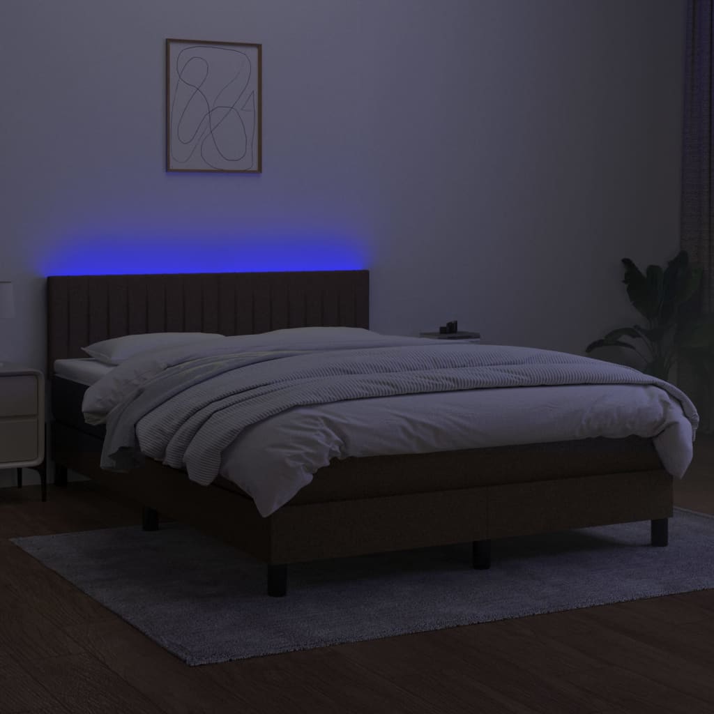 vidaXL Cama box spring colchón luces LED tela marrón oscuro 140x190 cm